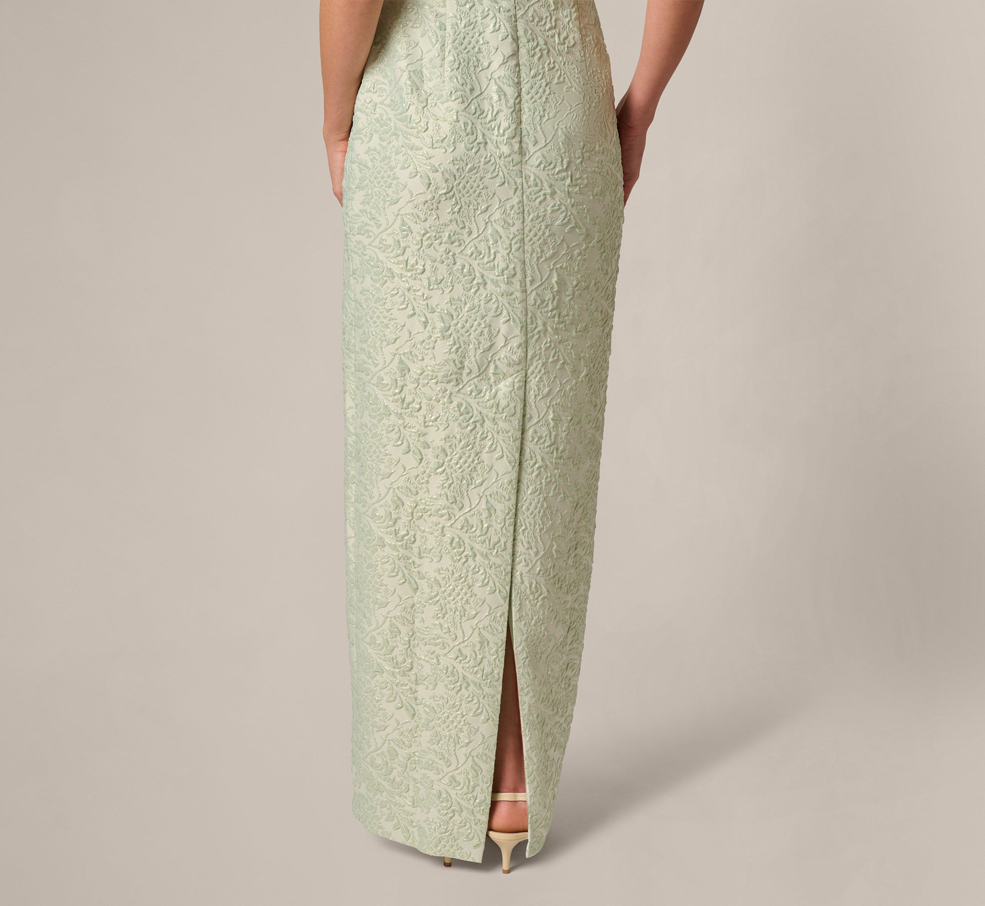 Strapless Metallic Jacquard Column Gown In Mint Glaze