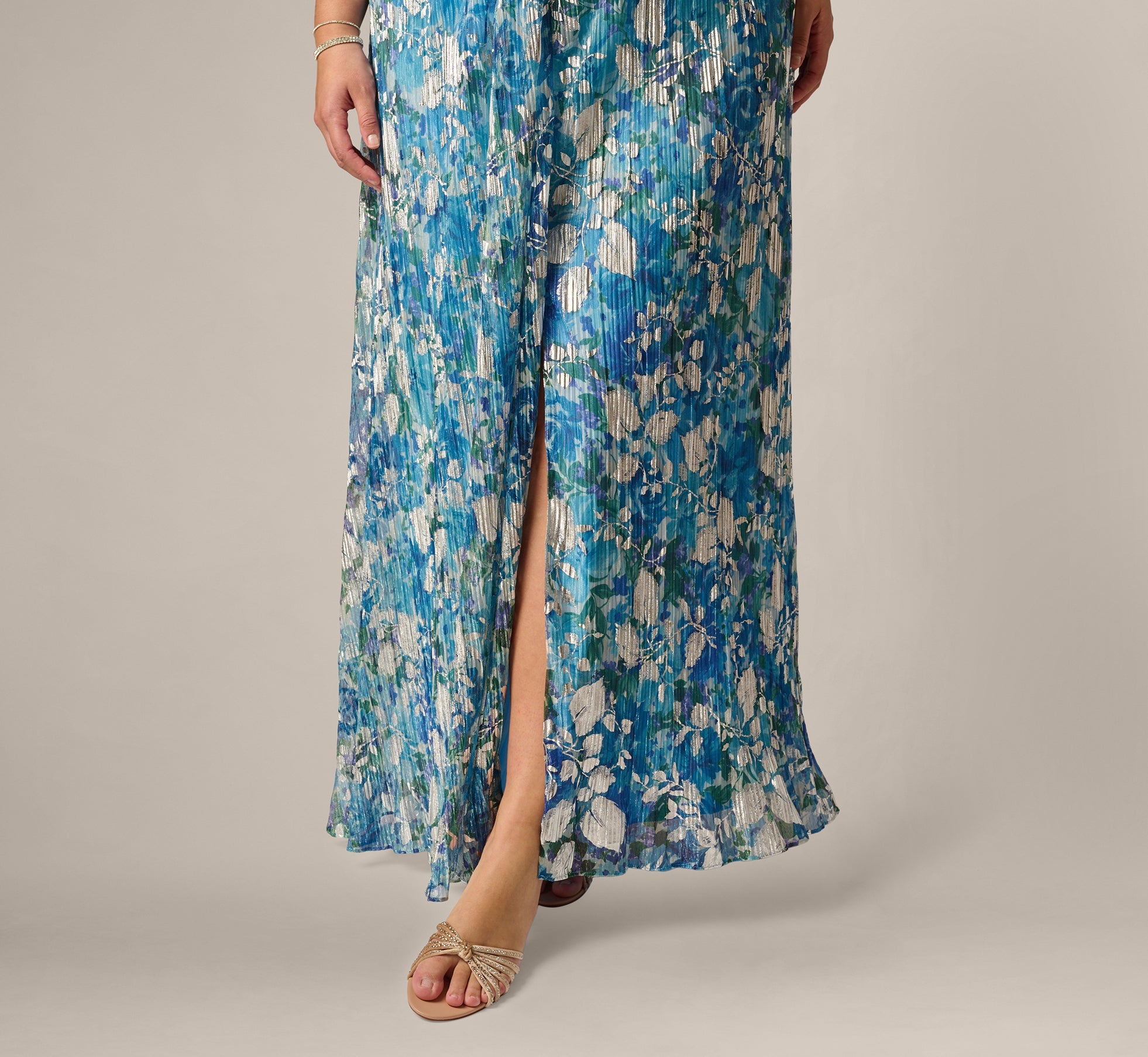 Plus Size Flutter Sleeve Crinkle Foil Floral Gown In Blue Multi