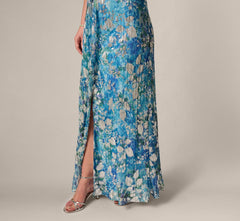 Flutter Sleeve Crinkle Foil Floral Gown In Blue Multi
