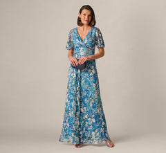 Flutter Sleeve Crinkle Foil Floral Gown In Blue Multi