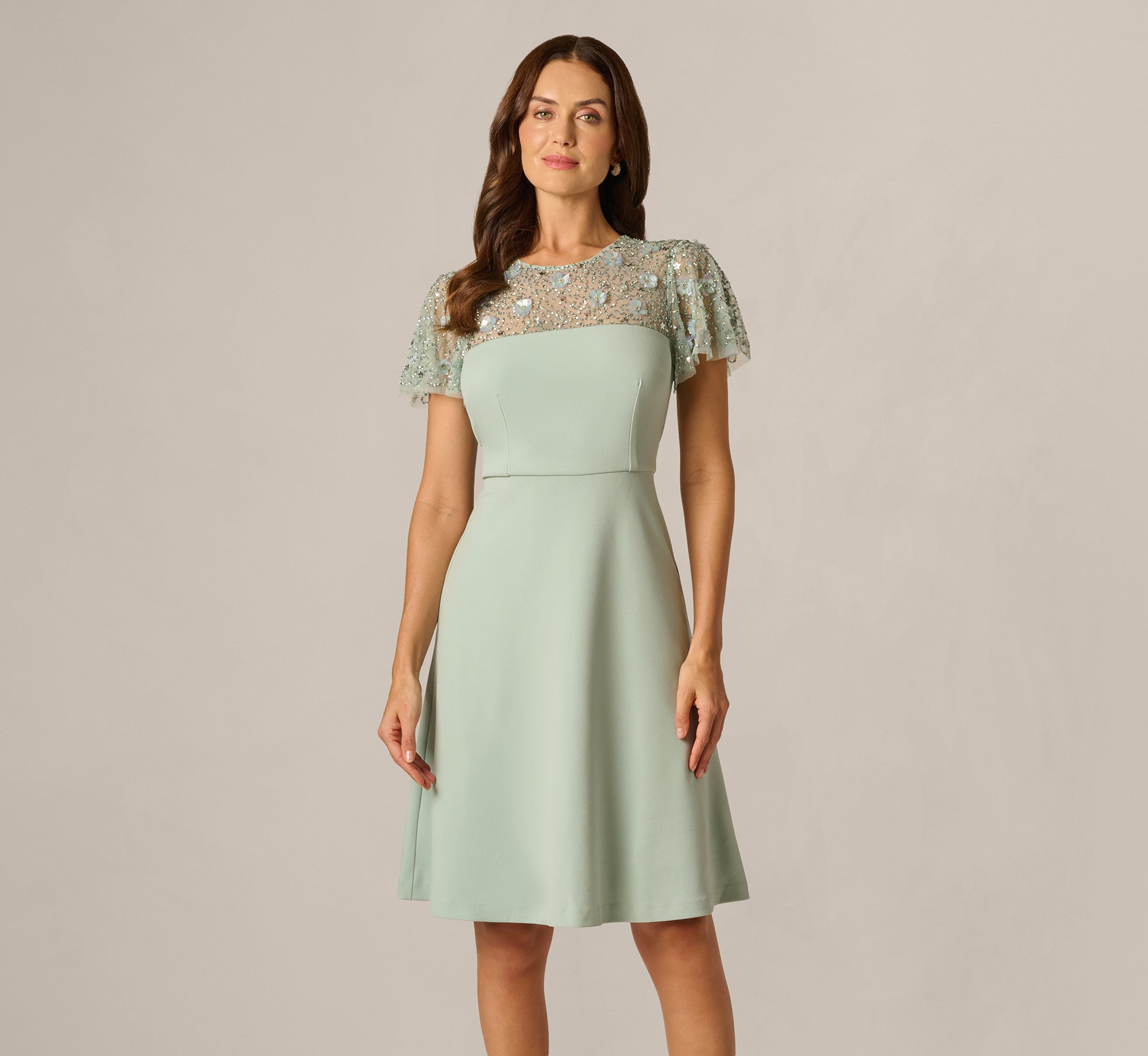 Flutter Sleeve Beaded Illusion Short Dress In Icy Sage
