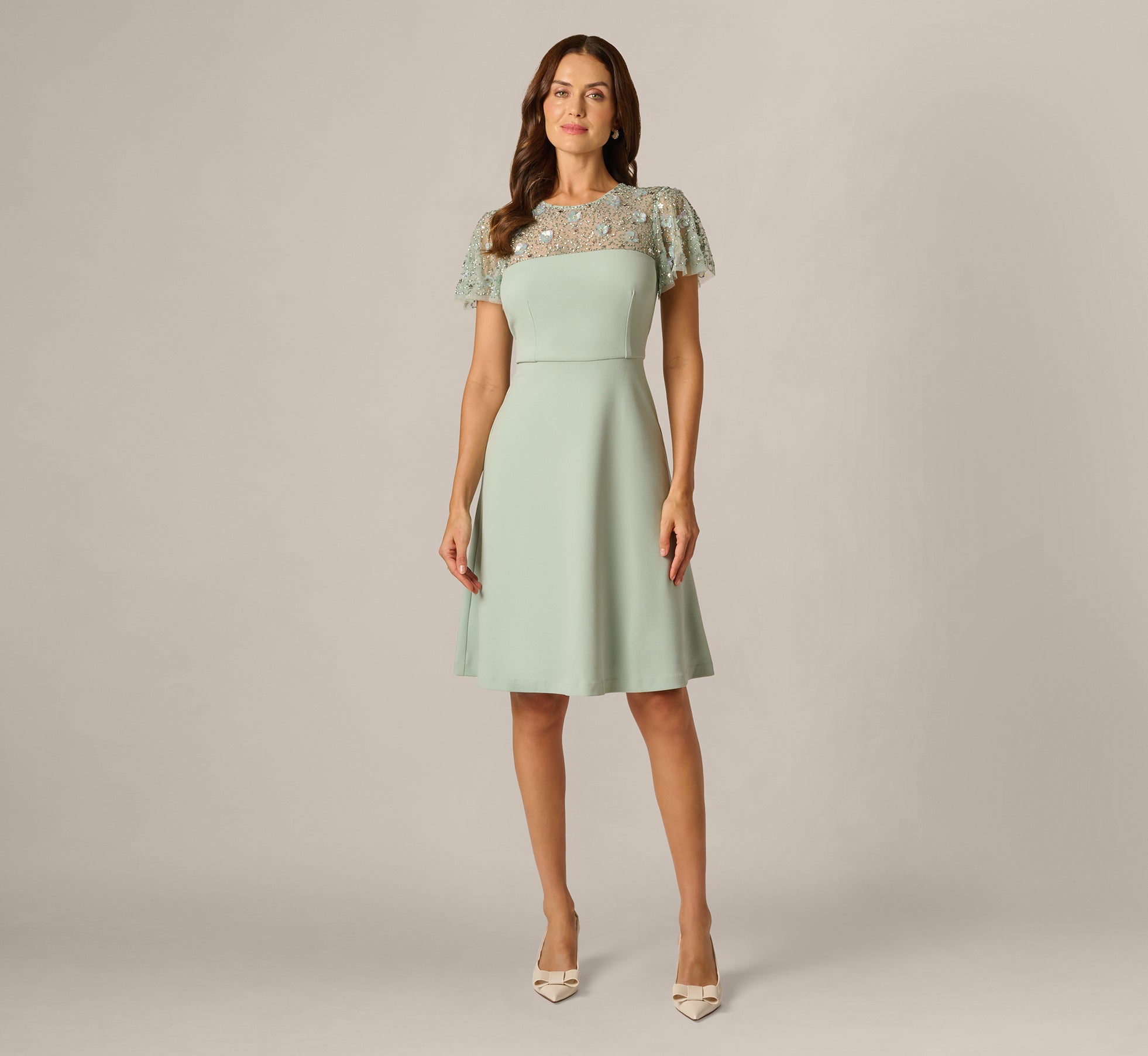 Flutter Sleeve Beaded Illusion Short Dress In Icy Sage