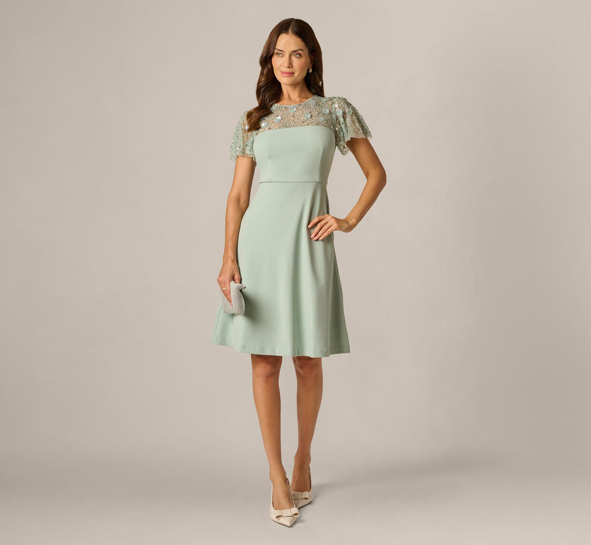 Flutter Sleeve Beaded Illusion Short Dress In Icy Sage