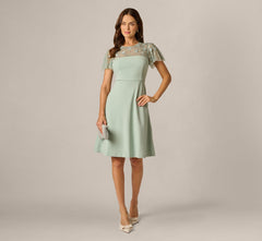 Flutter Sleeve Beaded Illusion Short Dress In Icy Sage