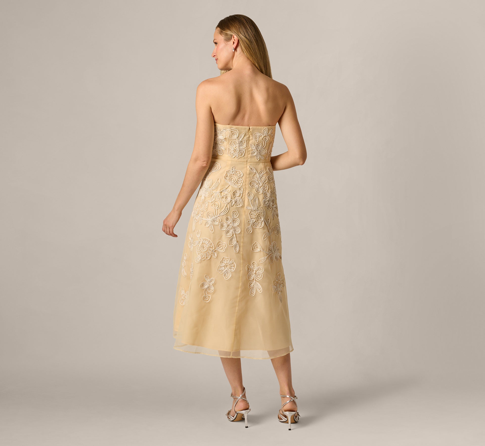 Strapless Floral Embroidered Organza Midi Dress In Maize