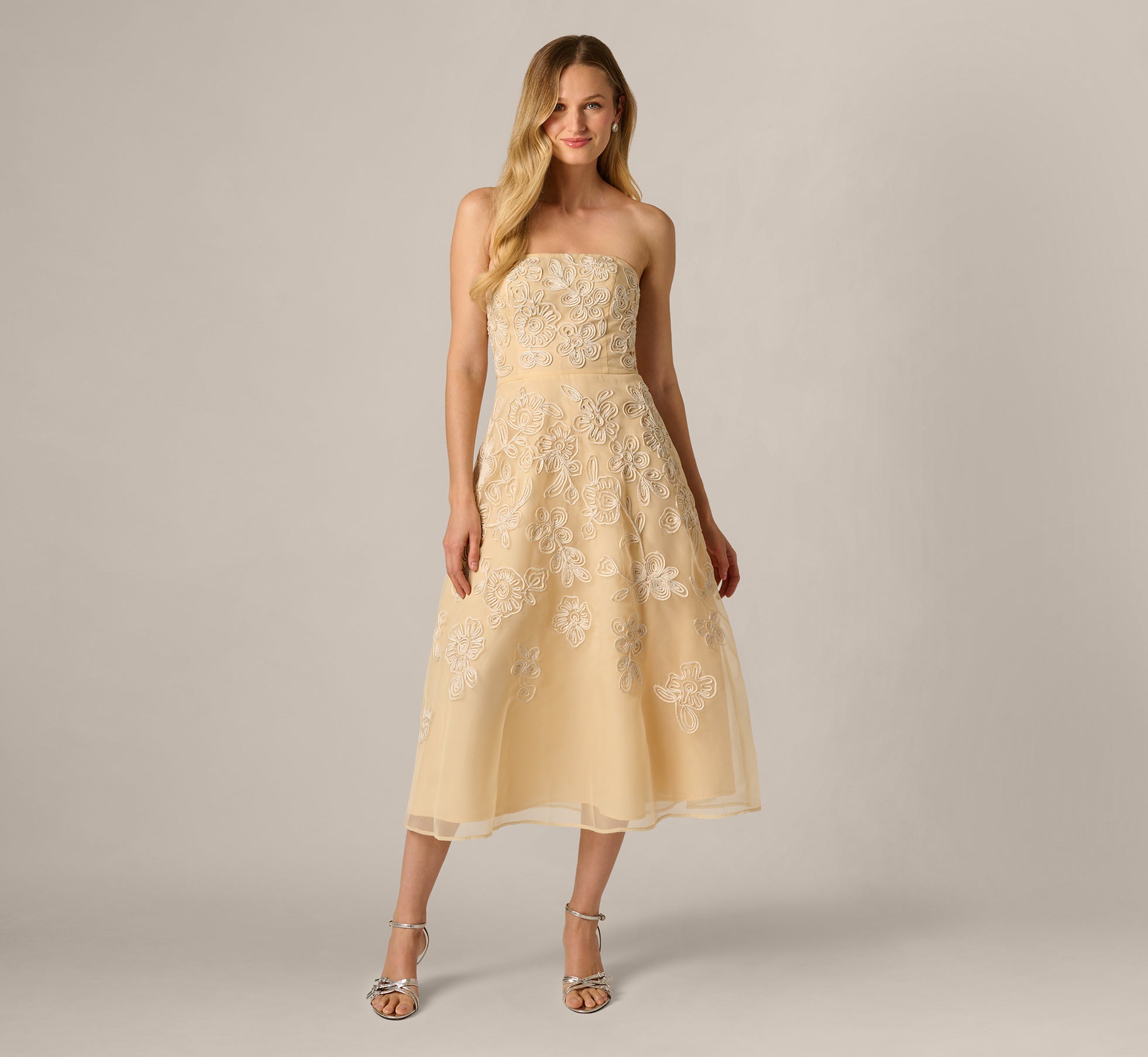 Strapless Floral Embroidered Organza Midi Dress In Maize