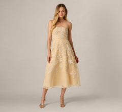 Strapless Floral Embroidered Organza Midi Dress In Maize