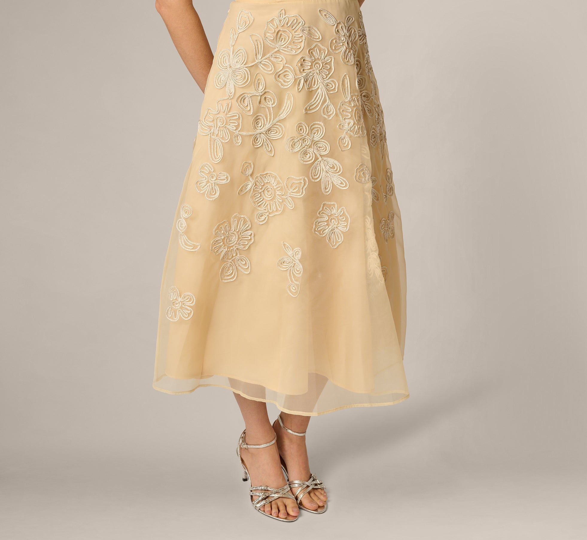 Strapless Floral Embroidered Organza Midi Dress In Maize