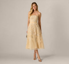 Strapless Floral Embroidered Organza Midi Dress In Maize