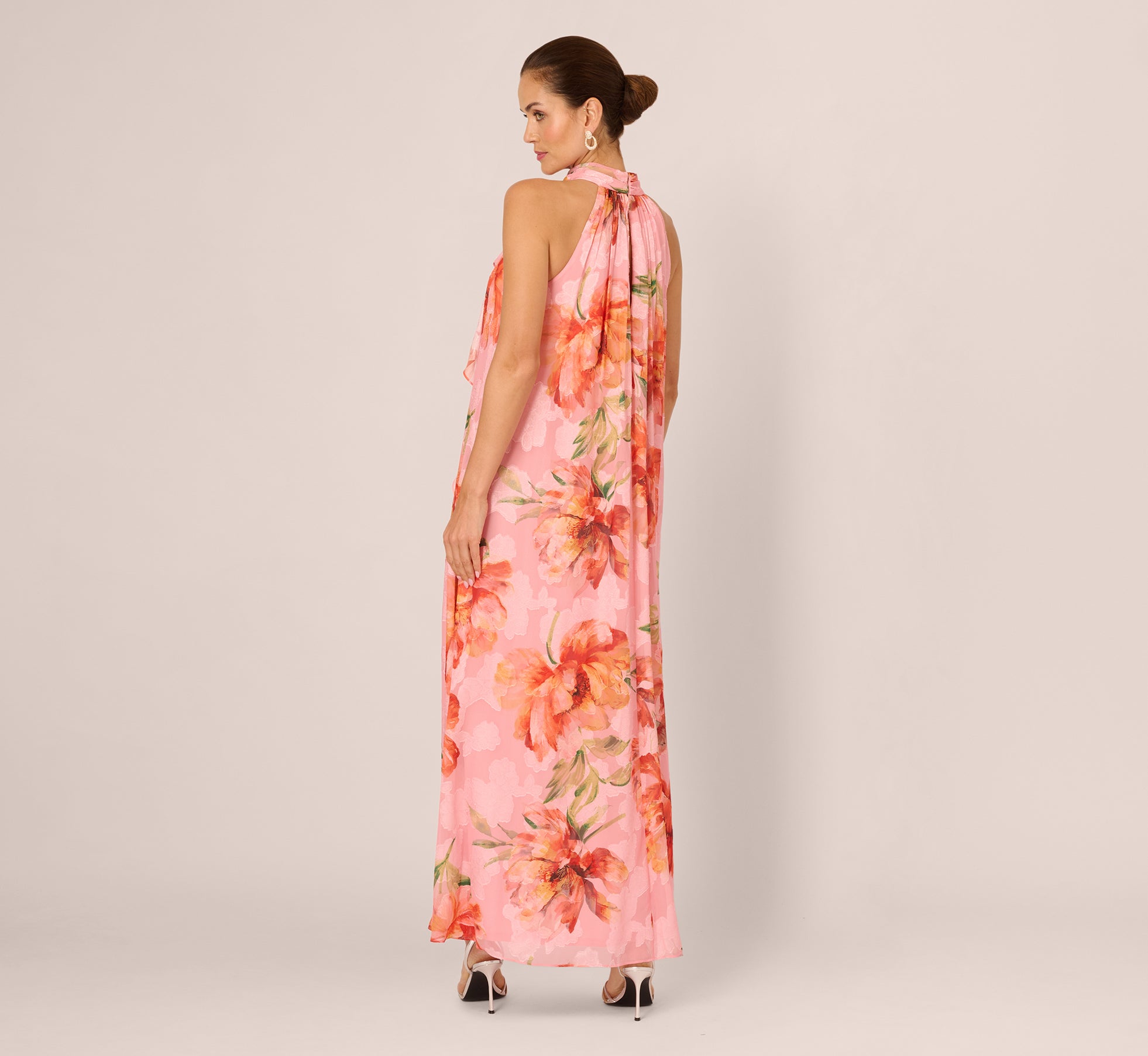 Floral Chiffon Trapeze Halter Gown In Pink Multi