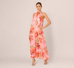 Floral Chiffon Trapeze Halter Gown In Pink Multi