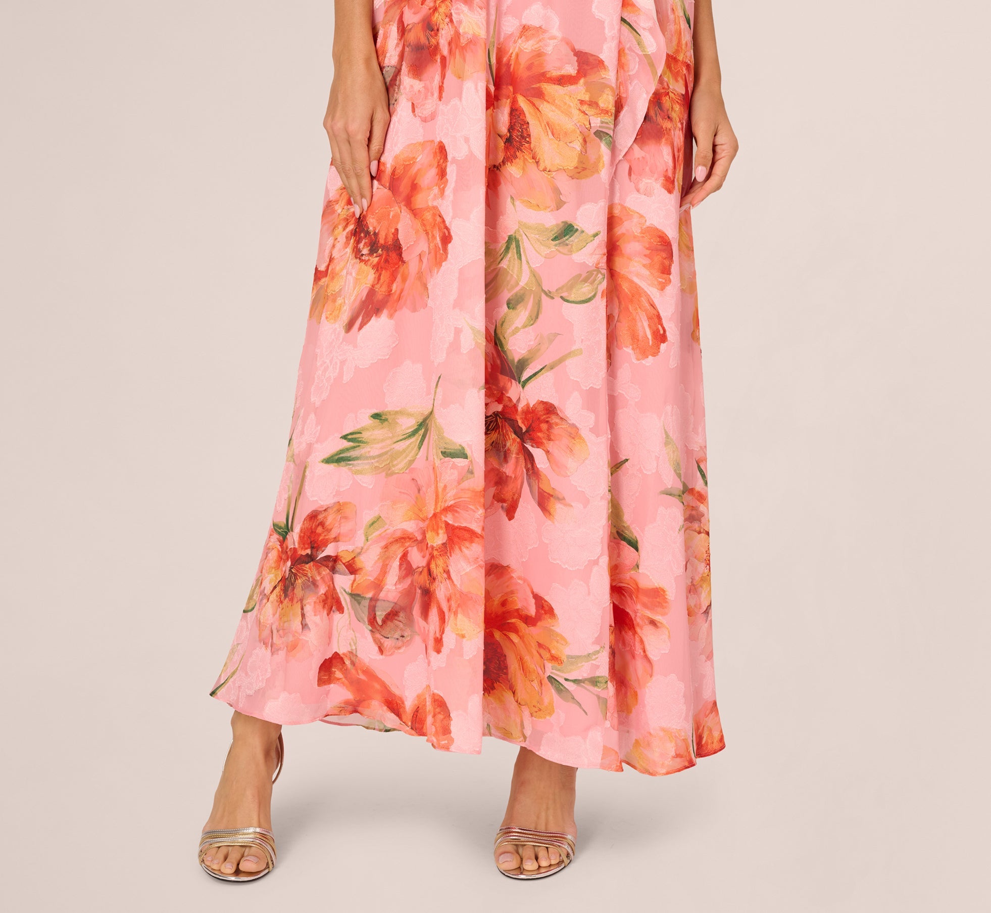 Floral Chiffon Trapeze Halter Gown In Pink Multi