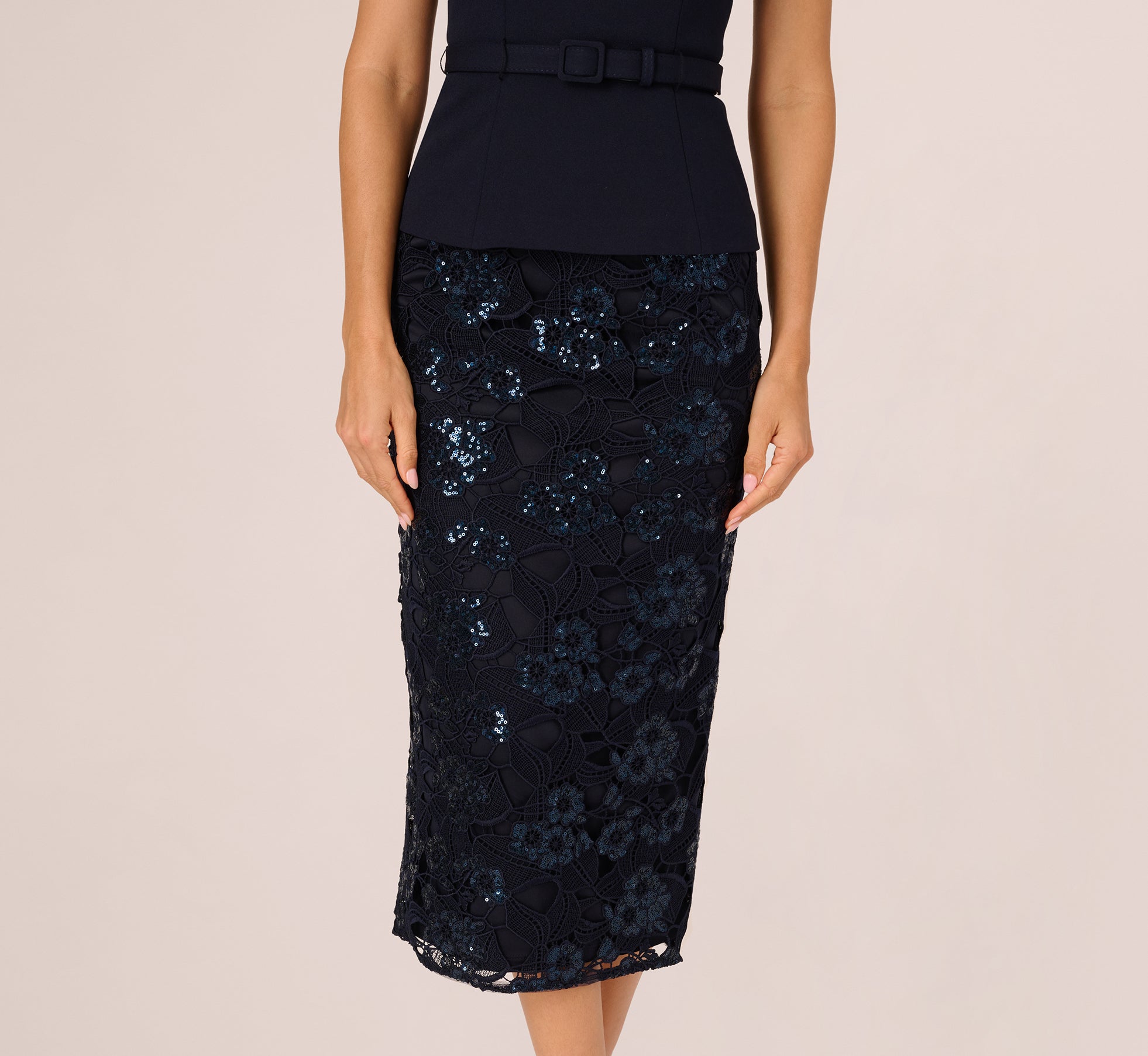 Sleeveless Sequin Lace Combo Midi Dress In Midnight