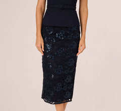 Sleeveless Sequin Lace Combo Midi Dress In Midnight