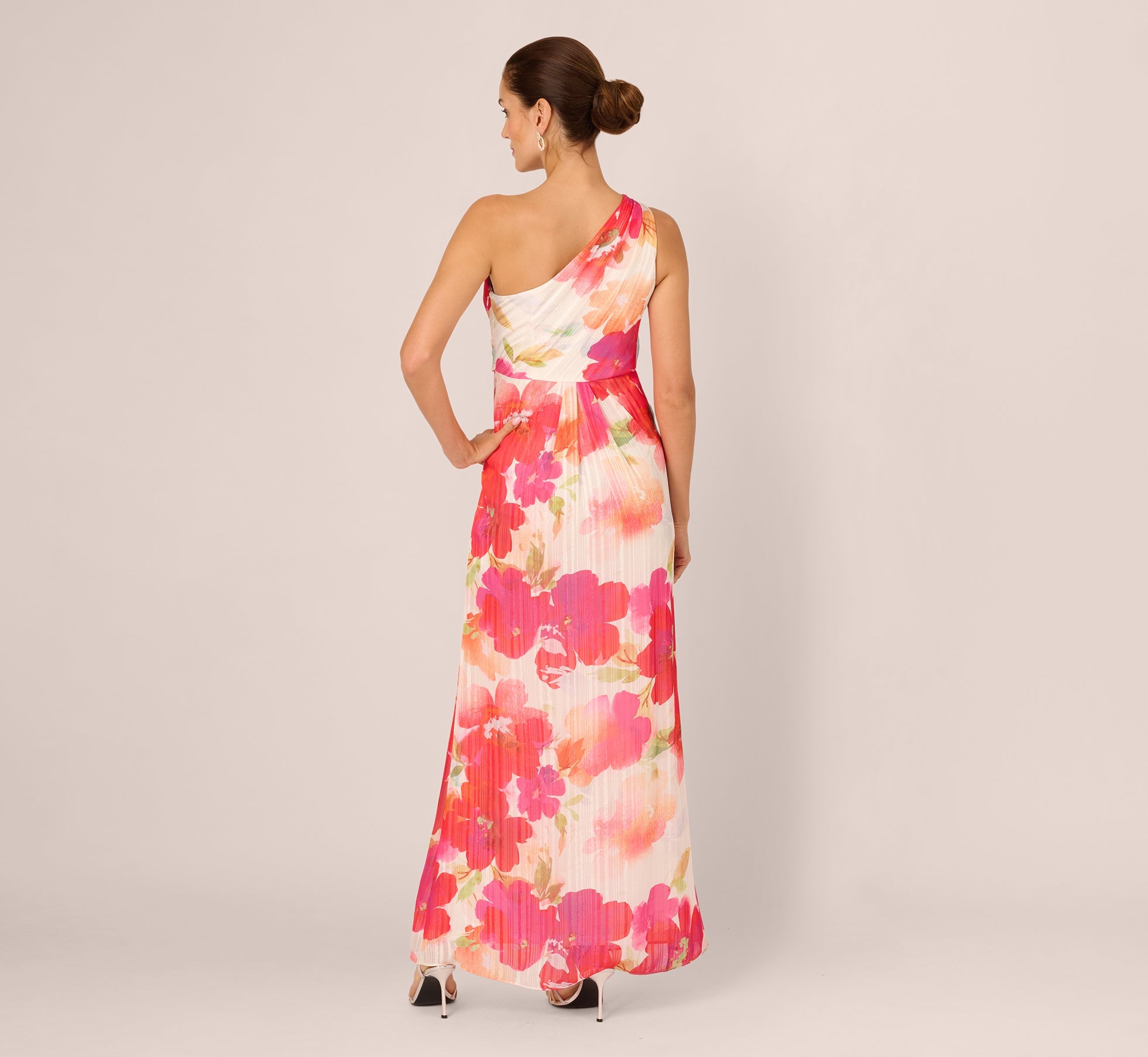 One Shoulder Watercolor Floral Stripe Gown In Ivory Pink Multi