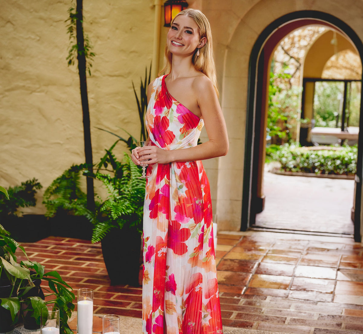 One Shoulder Watercolor Floral Stripe Gown In Ivory Pink Multi