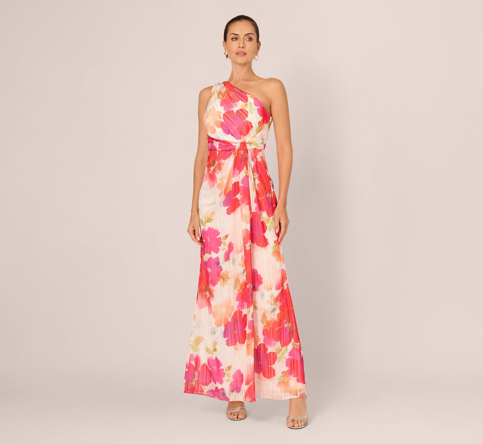 One Shoulder Watercolor Floral Stripe Gown In Ivory Pink Multi