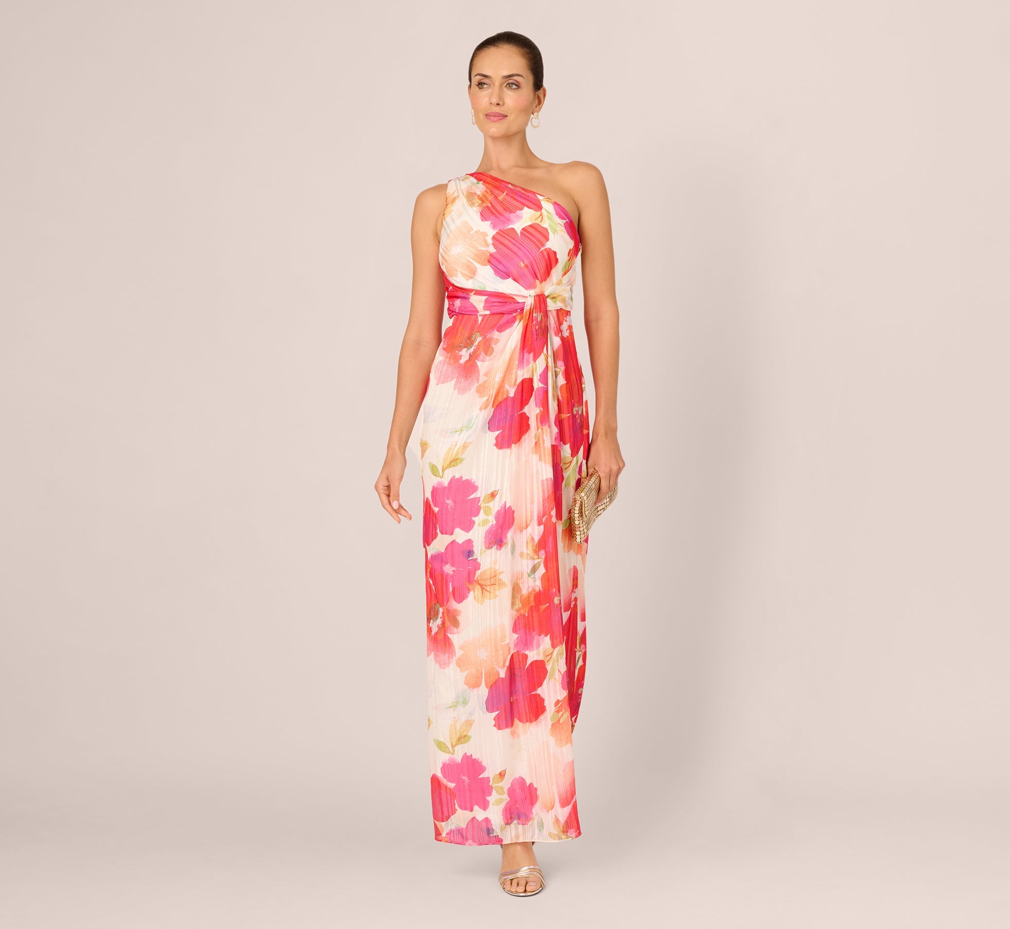 One Shoulder Watercolor Floral Stripe Gown In Ivory Pink Multi