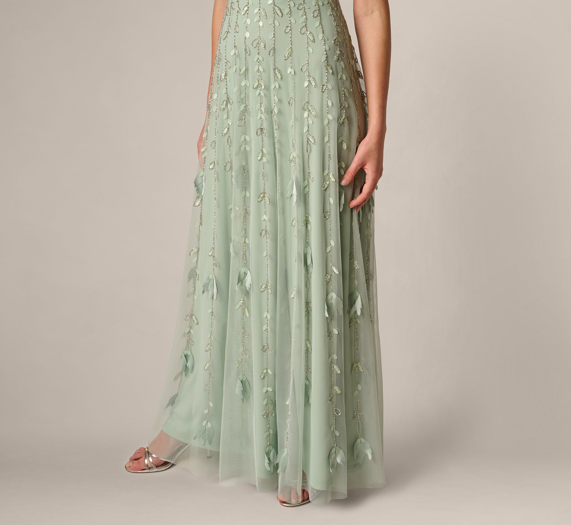 Short Sleeve 3D Beaded Vine Gown In Icy Sage