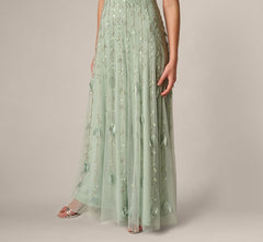 Short Sleeve 3D Beaded Vine Gown In Icy Sage