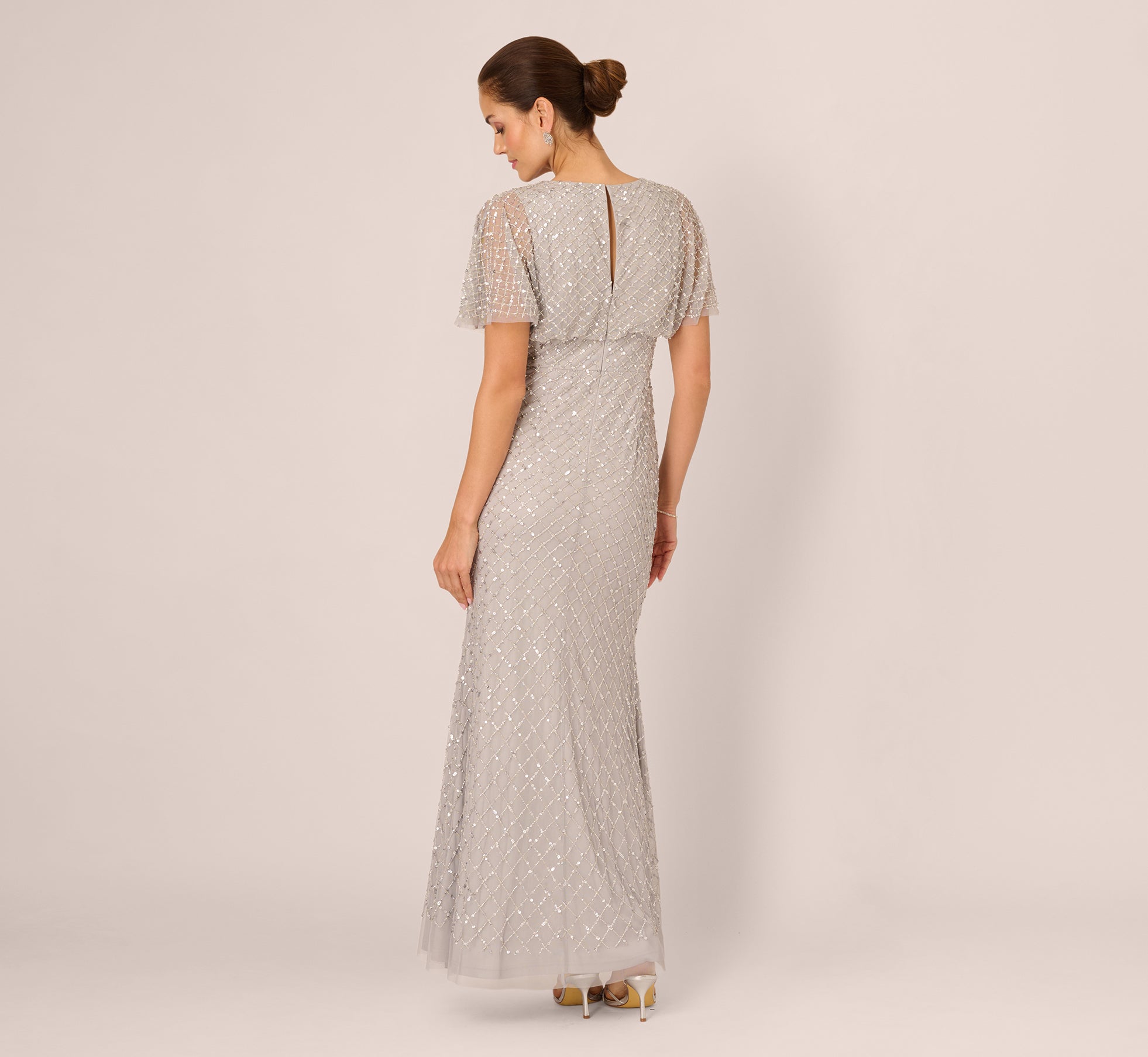 Short Sleeve Diamond Beaded Cowl Gown In Crystal Silver