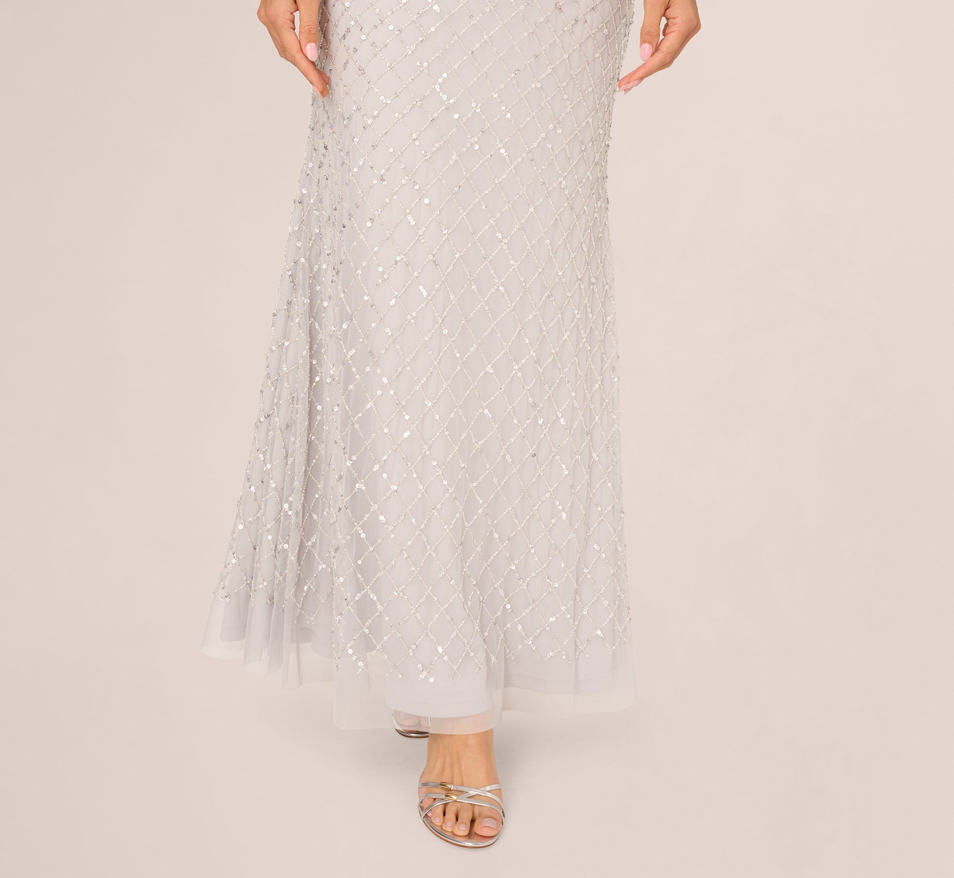 Short Sleeve Diamond Beaded Cowl Gown In Crystal Silver