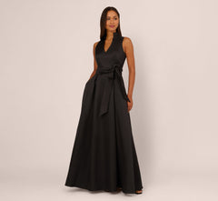 Sleeveless Queen Anne Tie Front Ballgown In Black