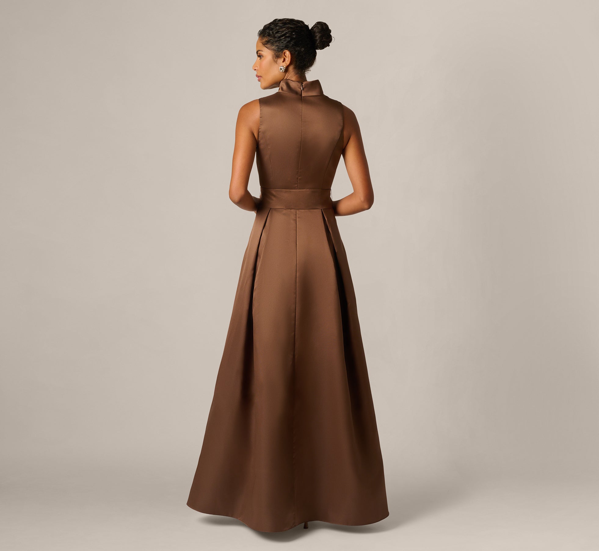 Sleeveless Queen Anne Tie Front Ballgown In Espresso
