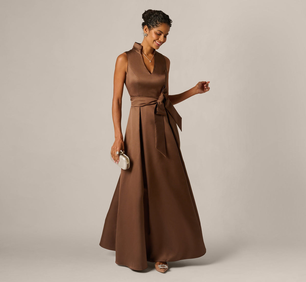 Sleeveless Queen Anne Tie Front Ballgown In Espresso