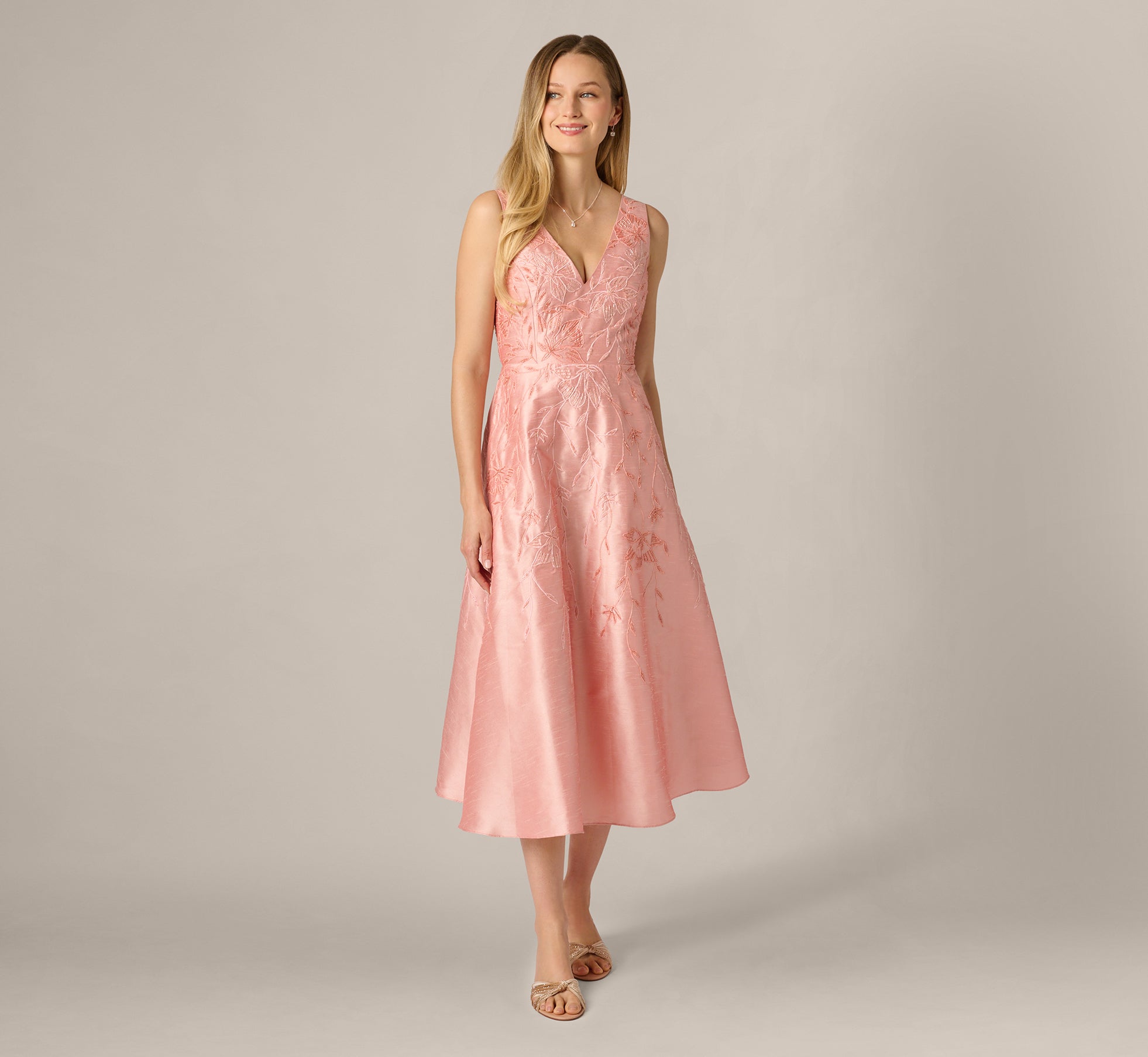 Floral Embroidered Dupioni A Line Midi Dress In Light Pink