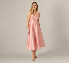Floral Embroidered Dupioni A Line Midi Dress In Light Pink