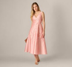 Floral Embroidered Dupioni A Line Midi Dress In Light Pink