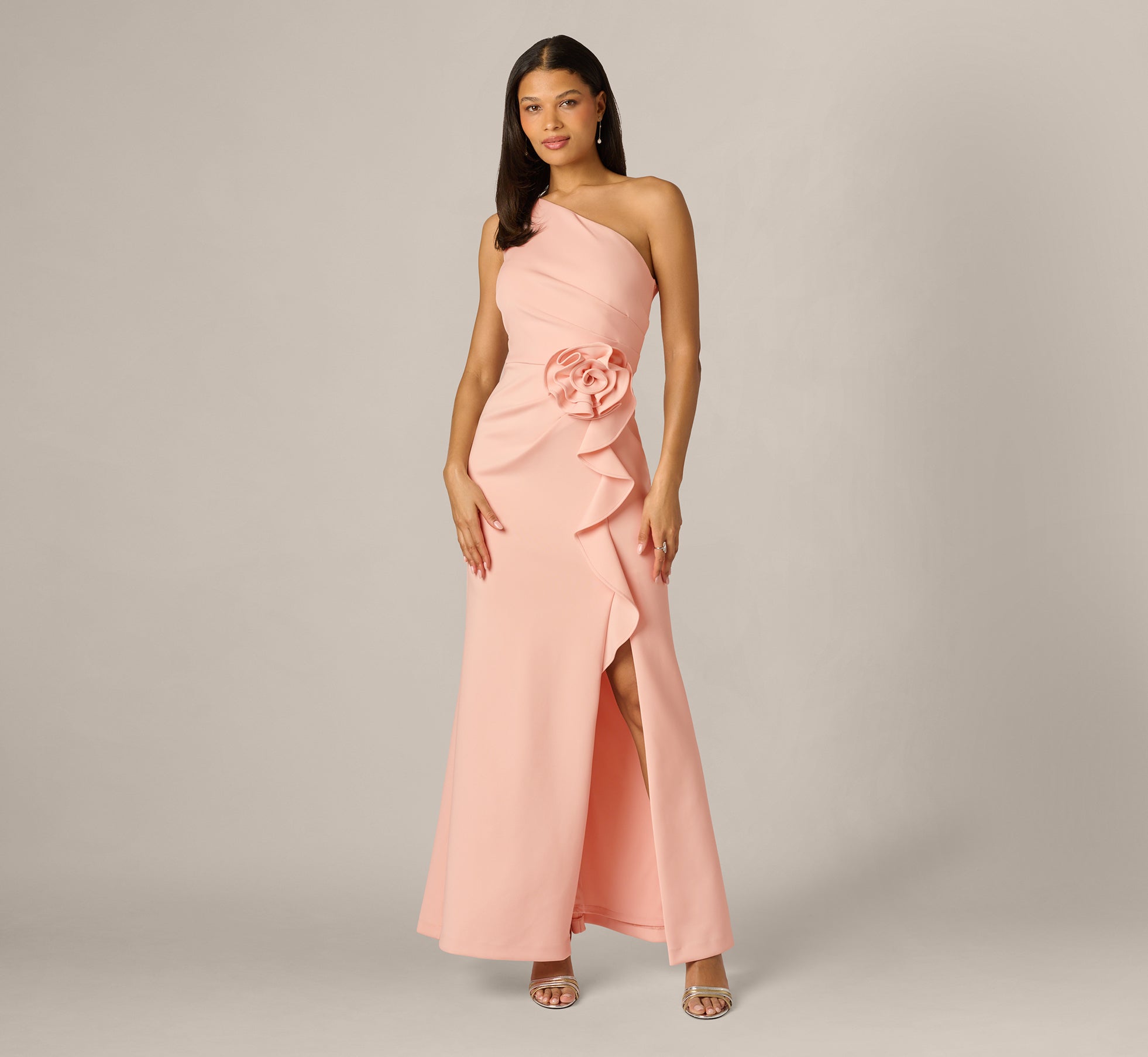 One Shoulder Stretch Rosette Gown In Blush Whisper