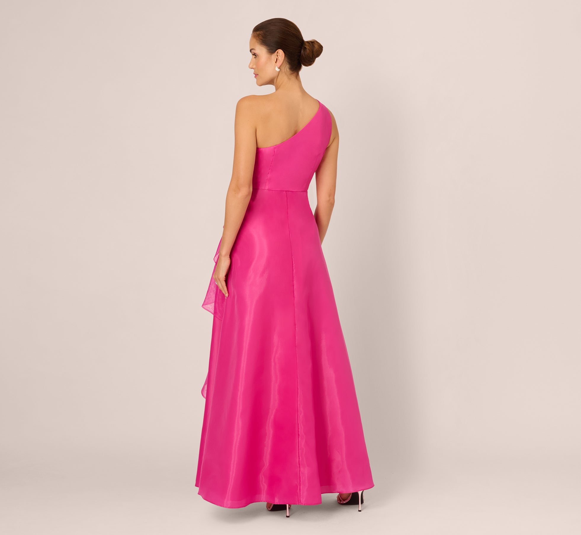 One Shoulder Tulle Cascade Gown In Lipstick