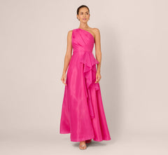 One Shoulder Tulle Cascade Gown In Lipstick