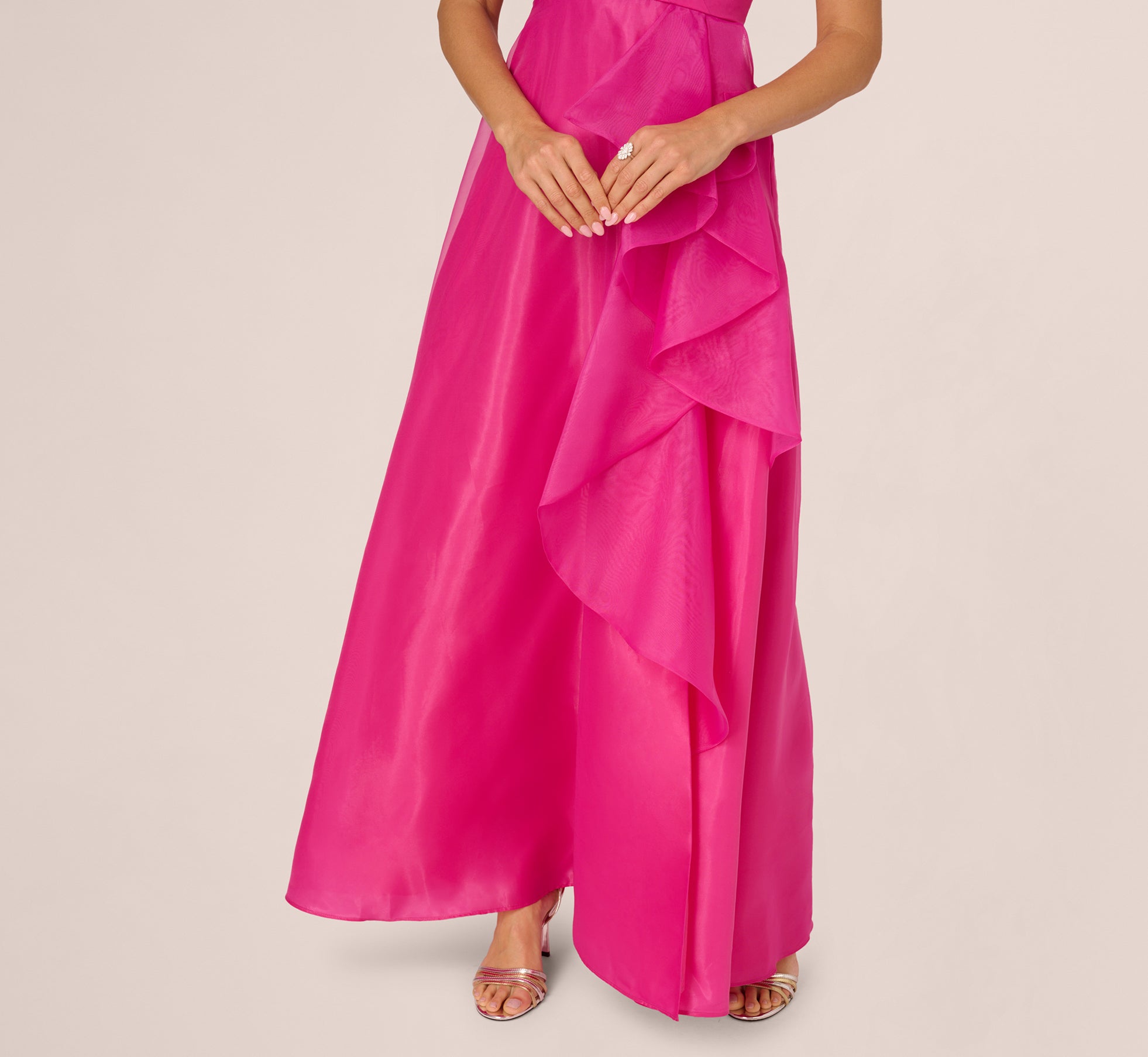 One Shoulder Tulle Cascade Gown In Lipstick