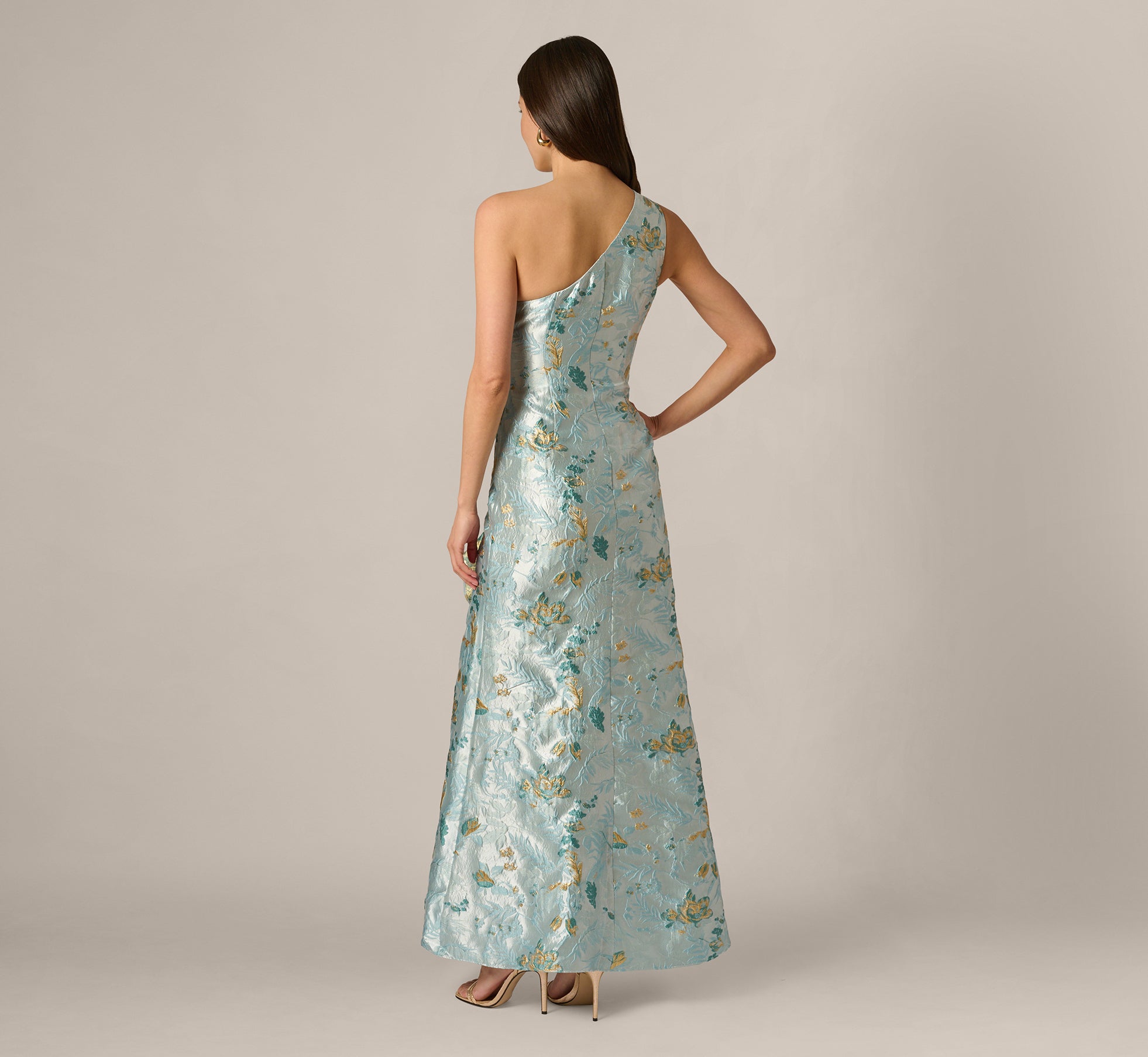 Petite One Shoulder Floral Jacquard Rosette Gown In Blue Multi