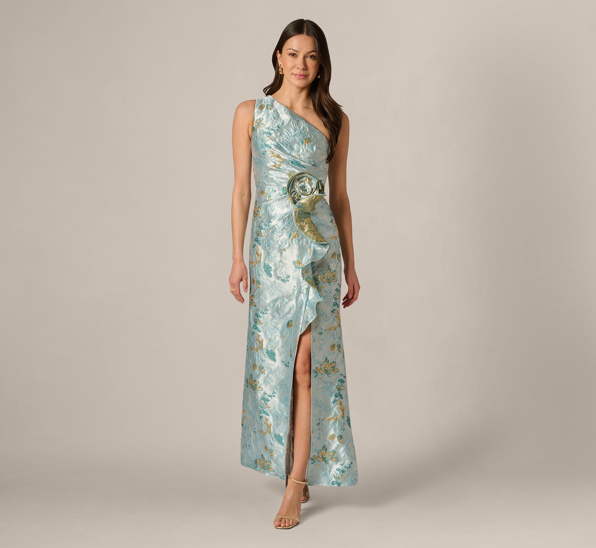 Petite One Shoulder Floral Jacquard Rosette Gown In Blue Multi