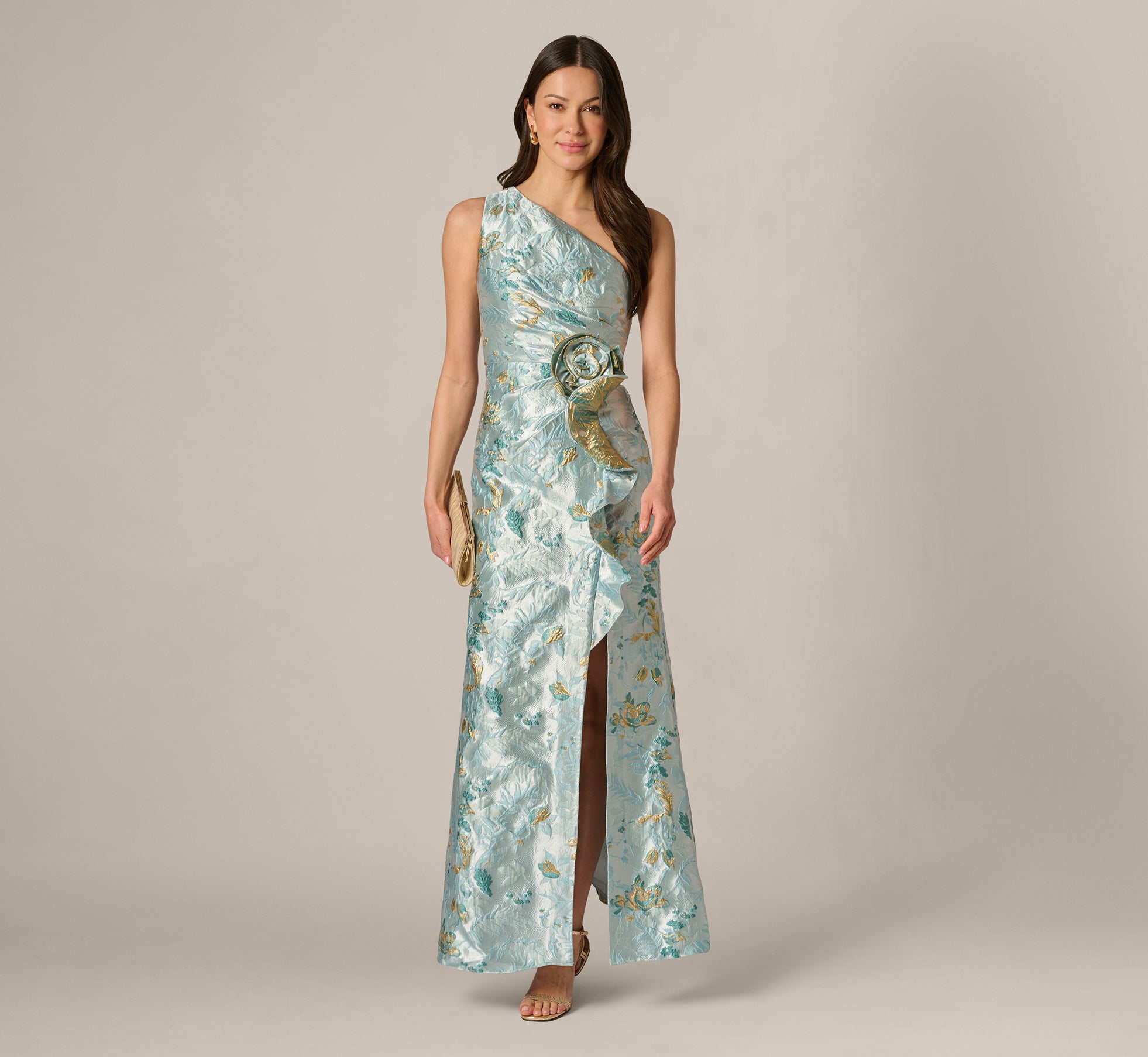 Petite One Shoulder Floral Jacquard Rosette Gown In Blue Multi