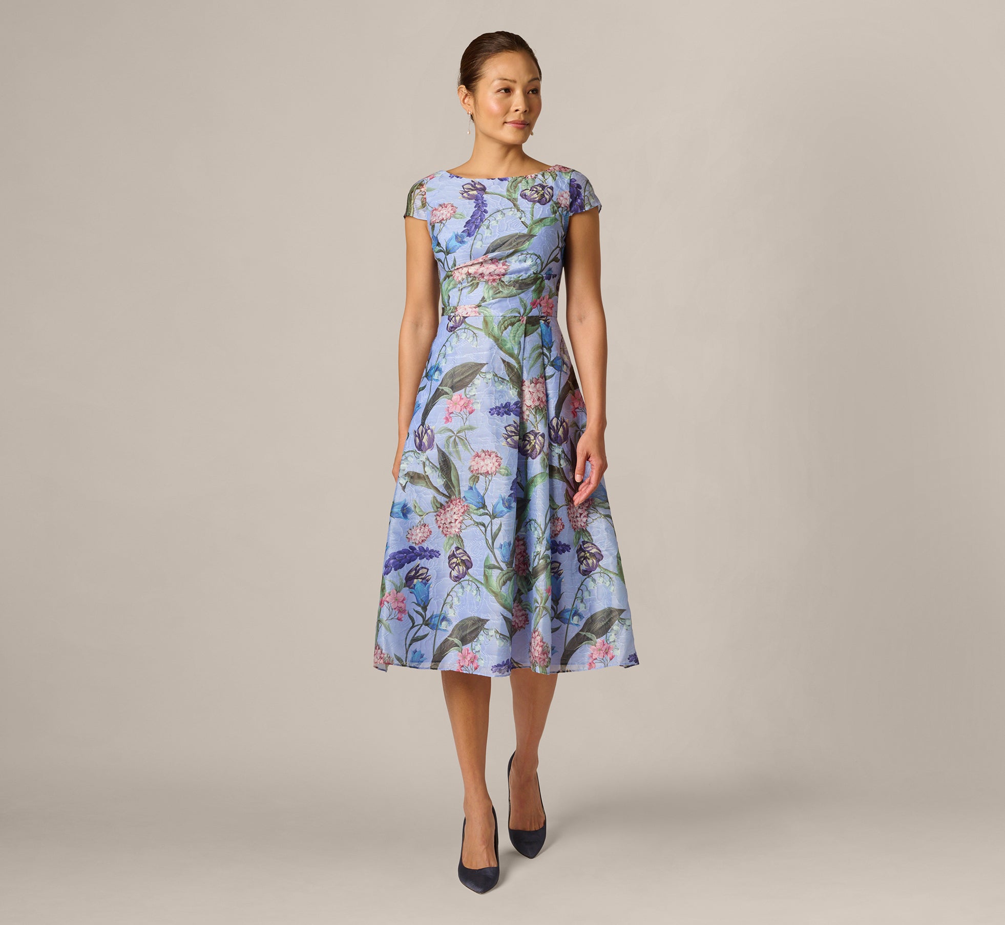 Cap Sleeve Floral Jacquard A Line Midi Dress In Blue Multi
