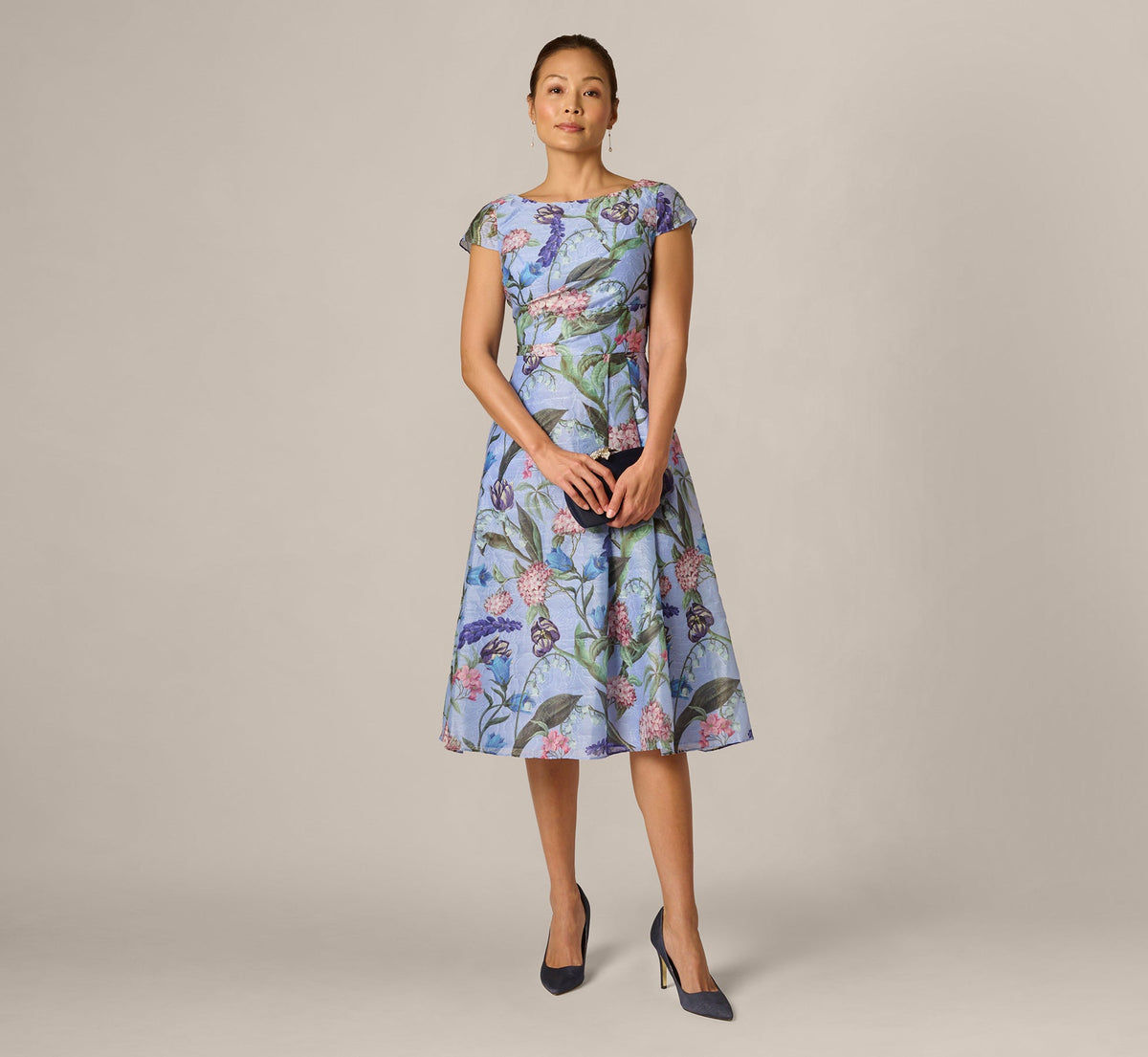 Cap Sleeve Floral Jacquard A Line Midi Dress In Blue Multi