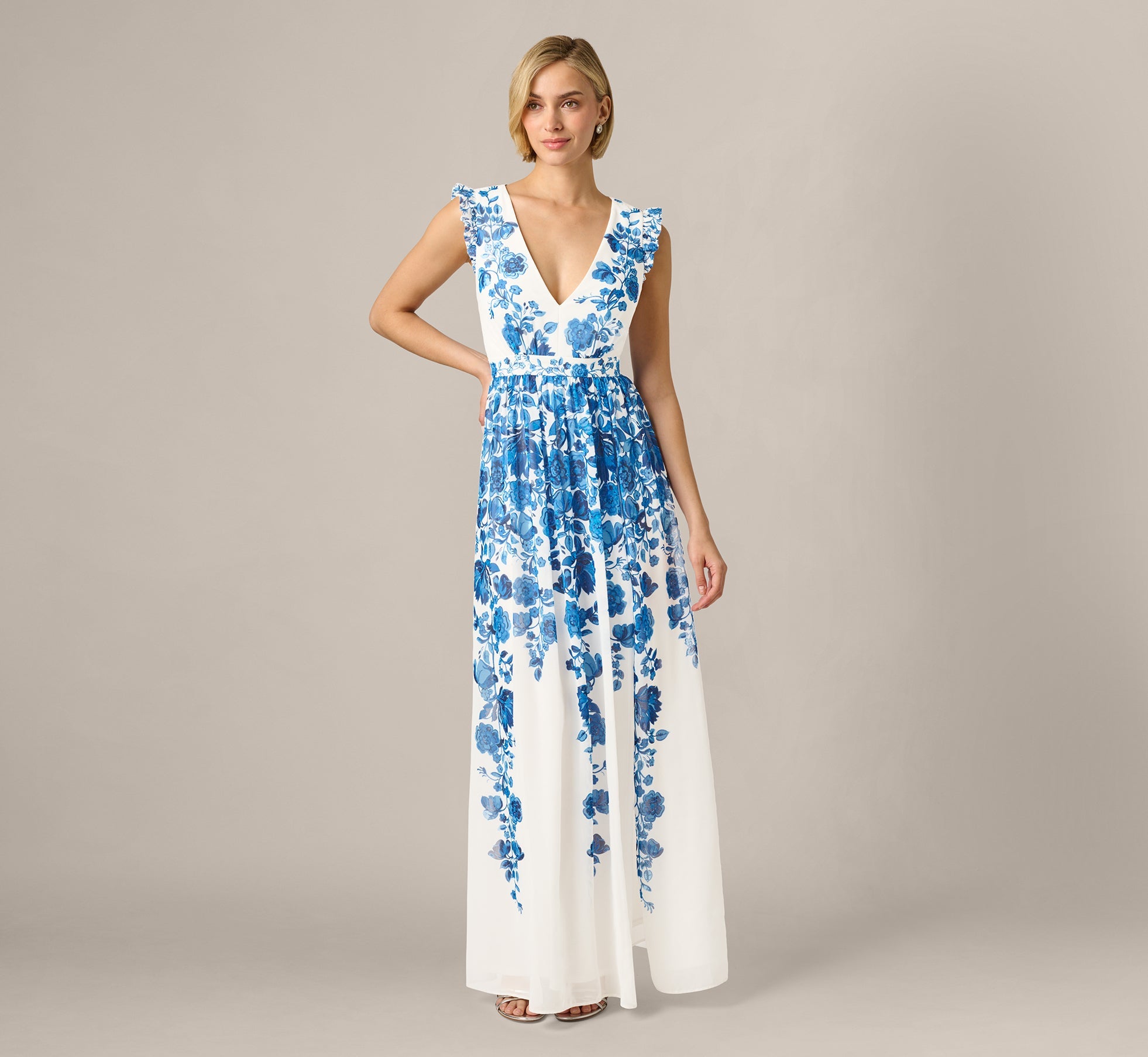 Chiffon Floral Vine Border Print Gown In Ivory Blue