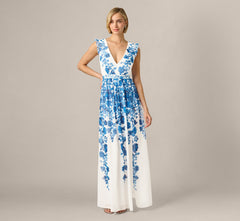 Chiffon Floral Vine Border Print Gown In Ivory Blue