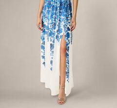 Chiffon Floral Vine Border Print Gown In Ivory Blue