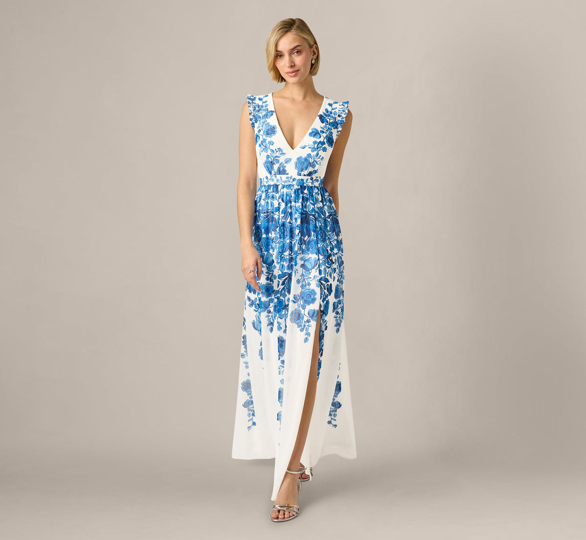 Chiffon Floral Vine Border Print Gown In Ivory Blue