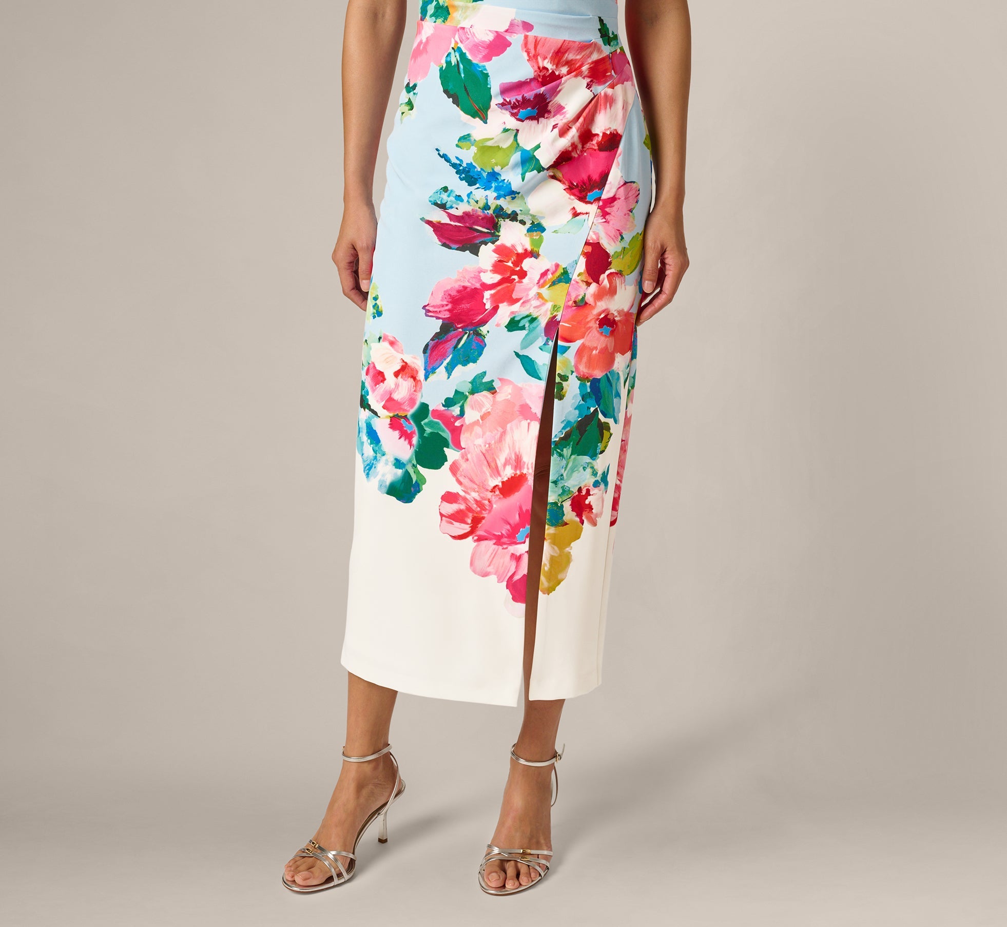 One Shoulder Floral Twill Midi Dress In Blue Multi