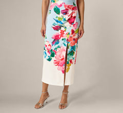 One Shoulder Floral Twill Midi Dress In Blue Multi