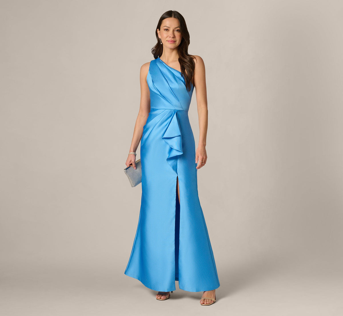 One Shoulder Draped Mikado Gown In Cool Cloud