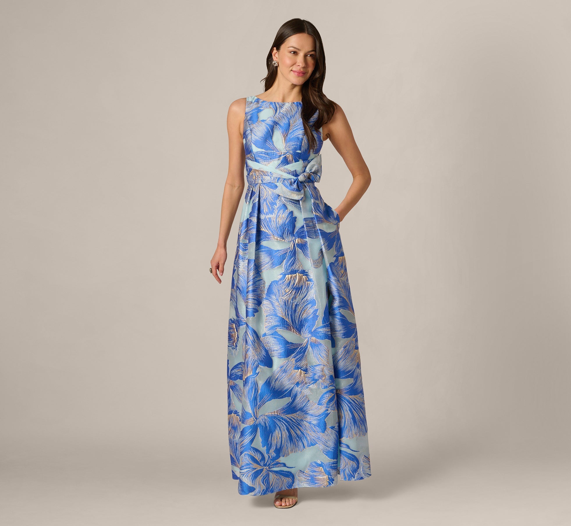 Metallic Iris Floral Organza Gown In Blue Multi