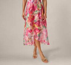 Petite One Shoulder Watercolor Organza High Low Midi Dress In Ivory Multi